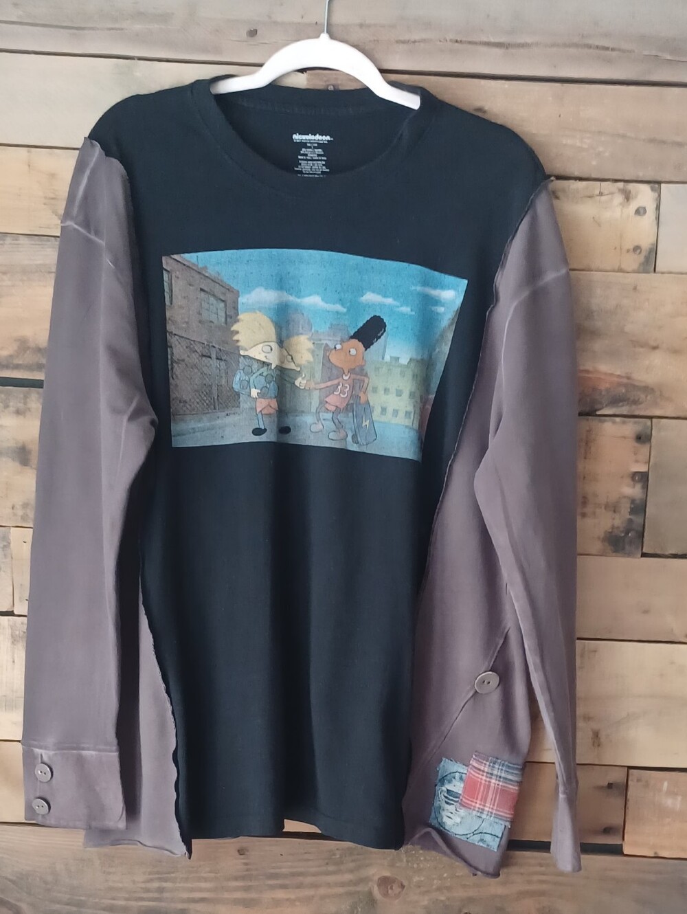 Upcycled Graphic Long-Sleeve Tee with Cartoon Front Panel - Black & Taupe